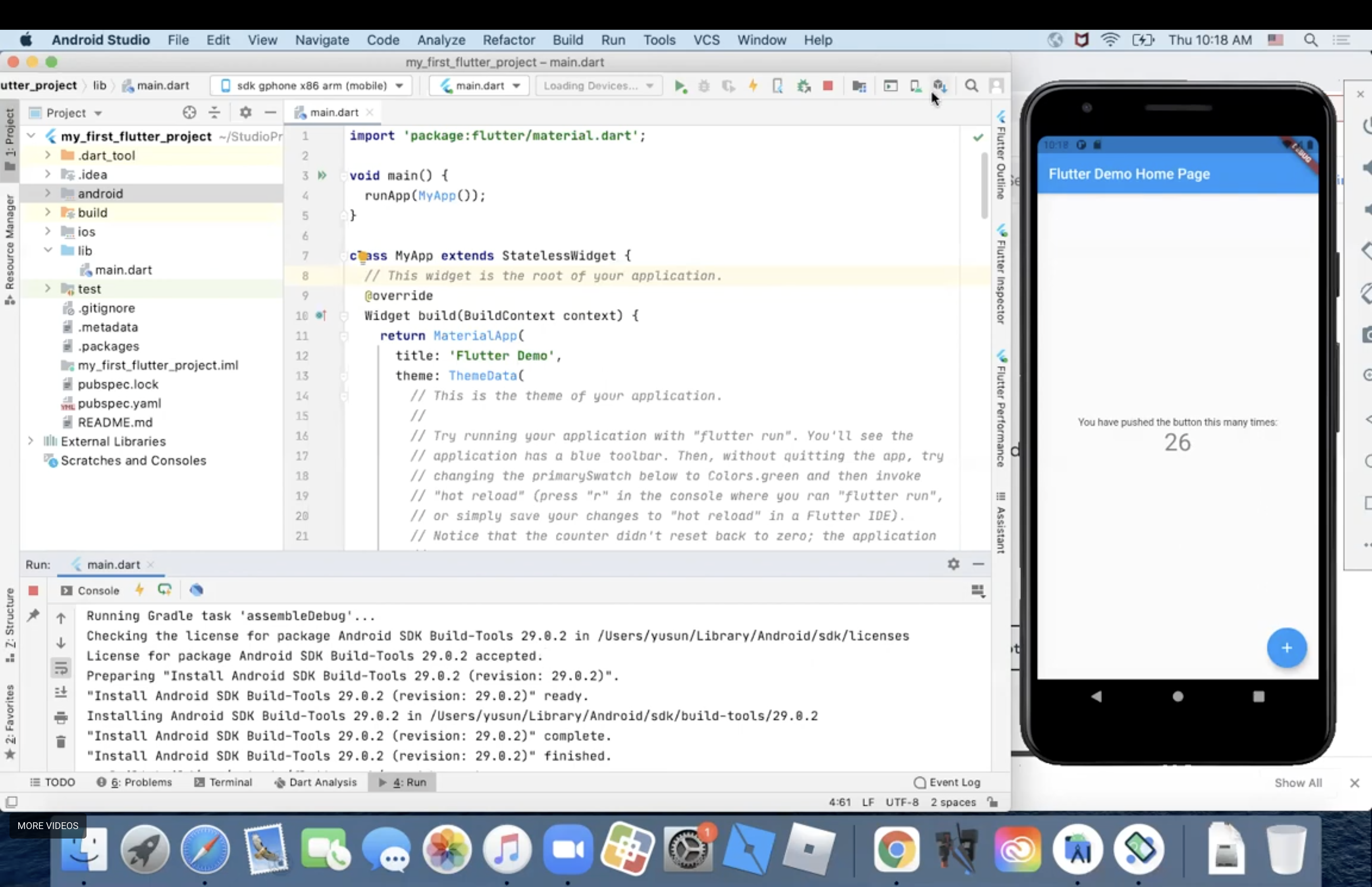 First Flutter app created in Android Studio